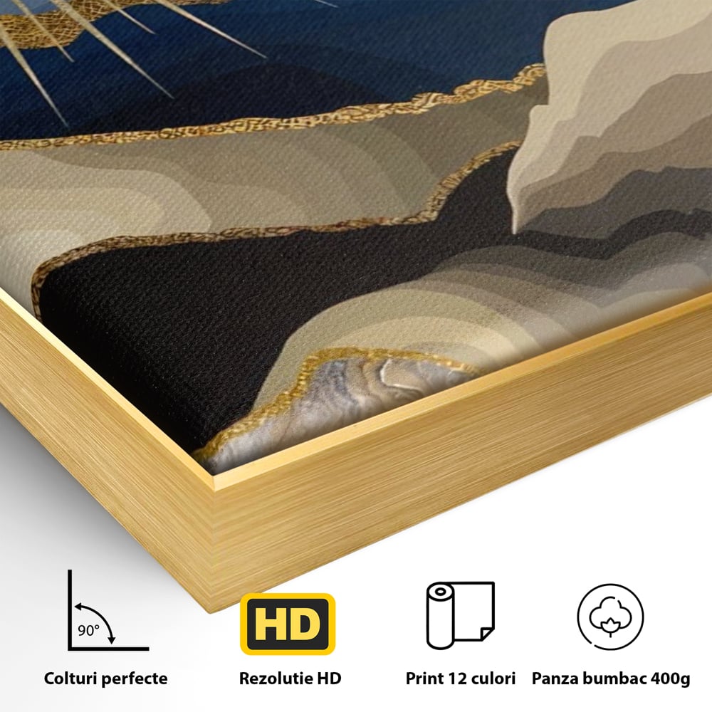 Detaliu al suprafetei: tablou canvas cu peisaj montan, in rama de aluminiu auriu